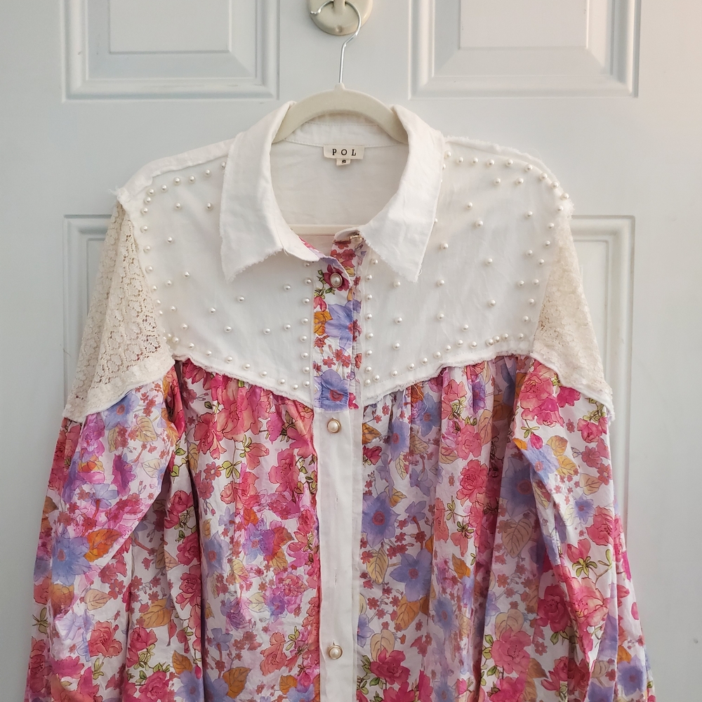 POL Floral Blouse with Pearl Accents